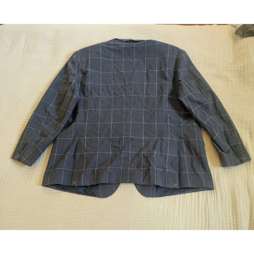 Stafford Linen Blend Signature Blazer Mens 54R Blue Windowpane Check Sports Coat